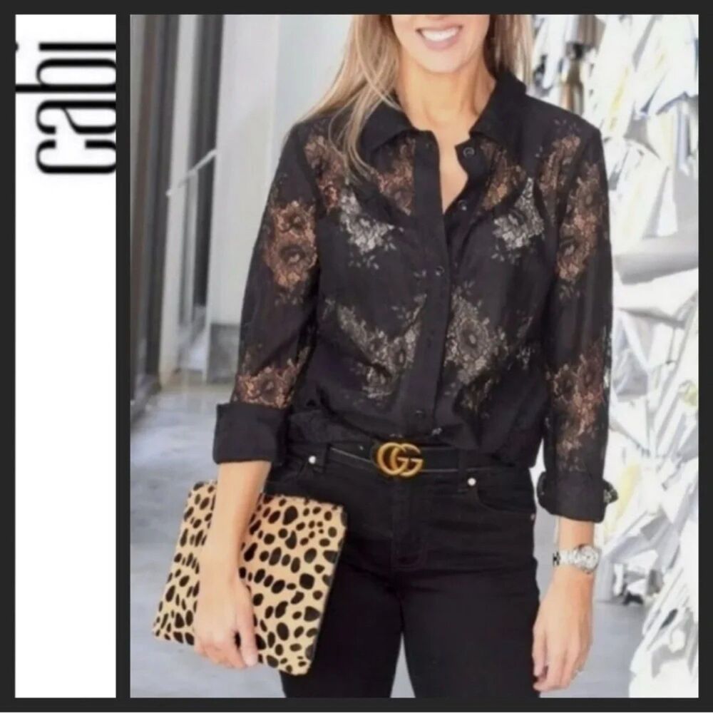 cabi St Regis Lace Blouse Womens Large Black Sheer Long Sleeve Top 3758